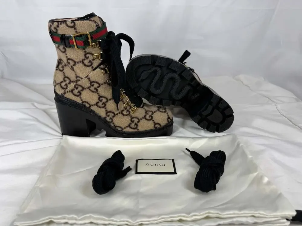Women's Size 8.5 Gucci Web Accent Wool Combat Boots SPB-JB 371720